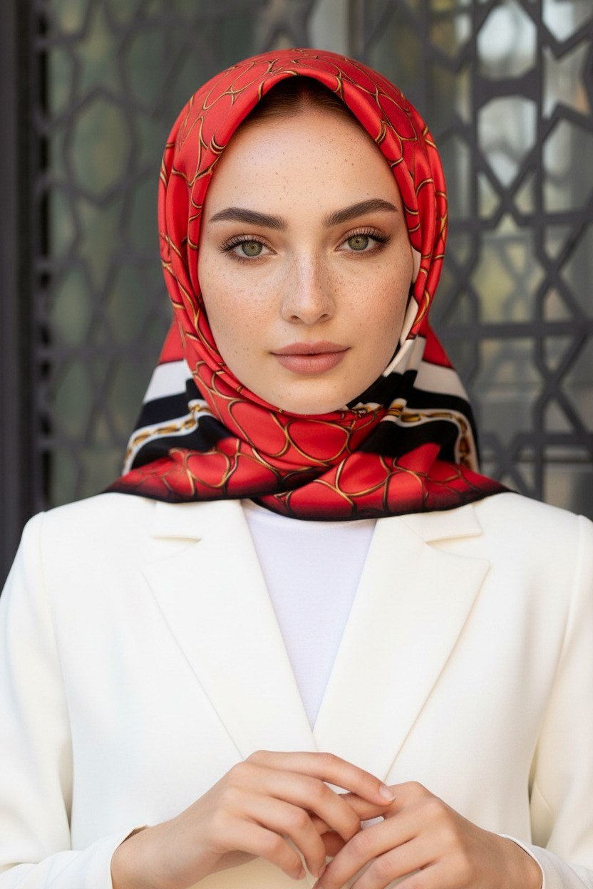 %100 Twill İpek Zincir Desenli Narçiçeği - Siyah Renkli 90x90 Eşarp Kenar Dikiş Şekli El Dikişli