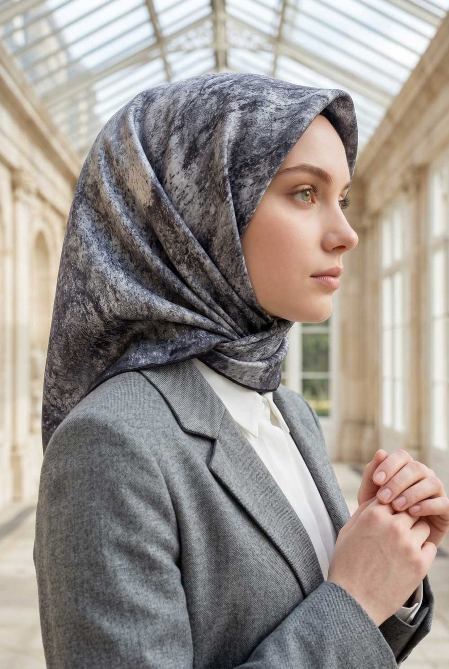 % 57 İPEK % 43 VİSKON Twill İpek Doku Desenli Gümüş Renkli 90x90 Eşarp Dikim Şekli : El Dikişi