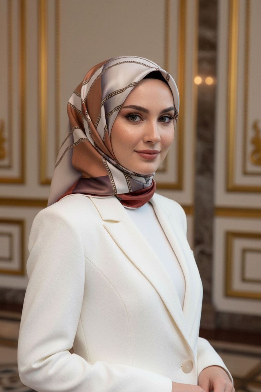 %100 Twill İpek Geometrik Desenli Taba - Hardal Renkli Renkli 90x90 Eşarp Dikim Şekli : El Dikişi