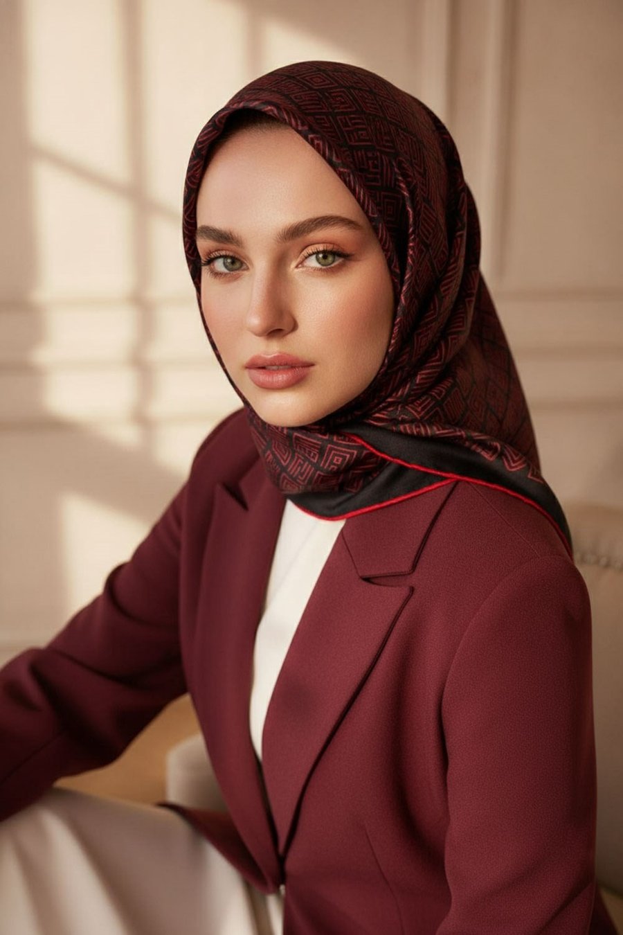100% Twill İpek Etnik Motif Desenli Siyah - Kırmızı Renkli 90x90 Dikim Şekli : El Dikişi Eşarp