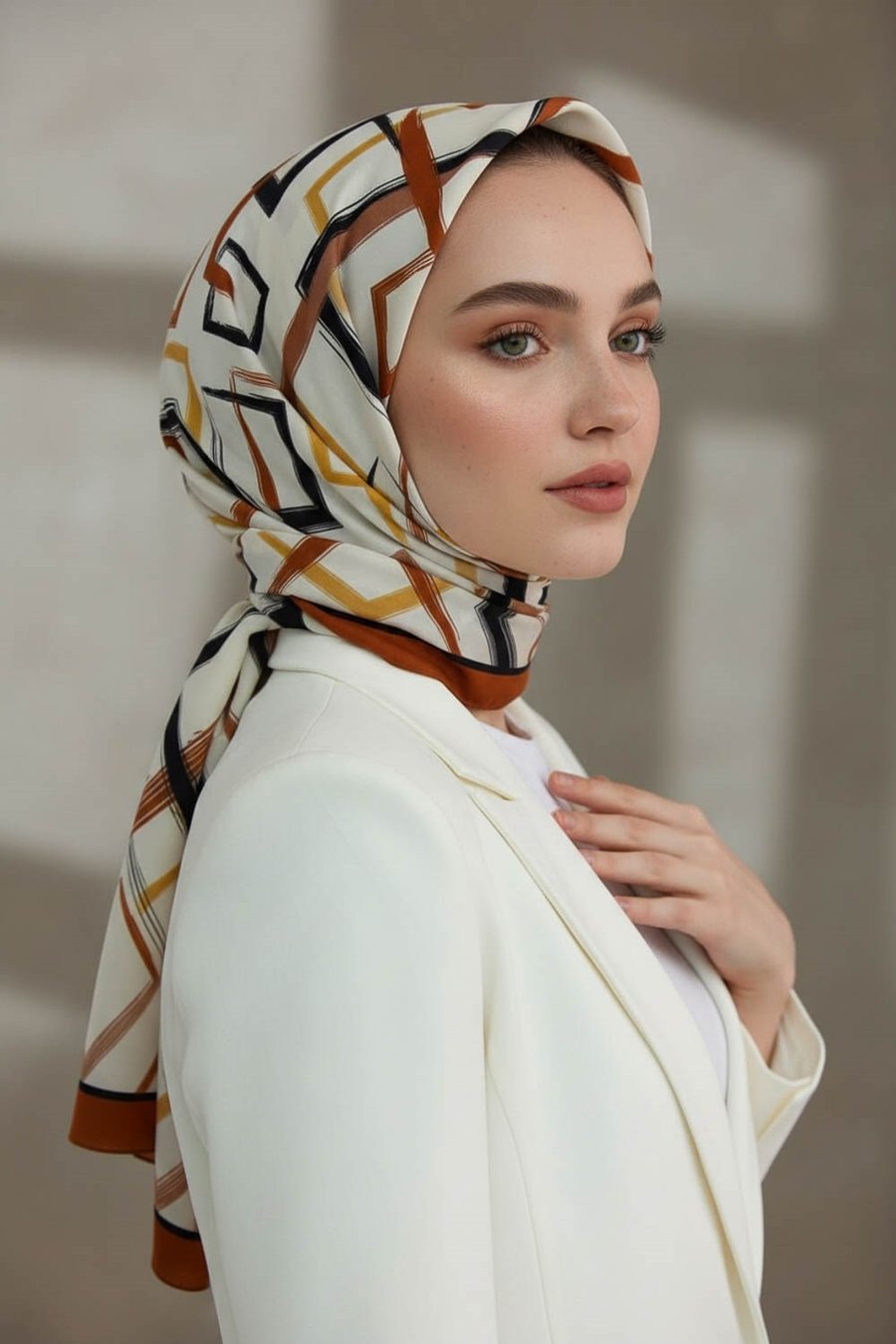 KREP GEOMETRİK DESENLİ TABA RENKLİ 75X195 KIRIŞMAZ ŞAL