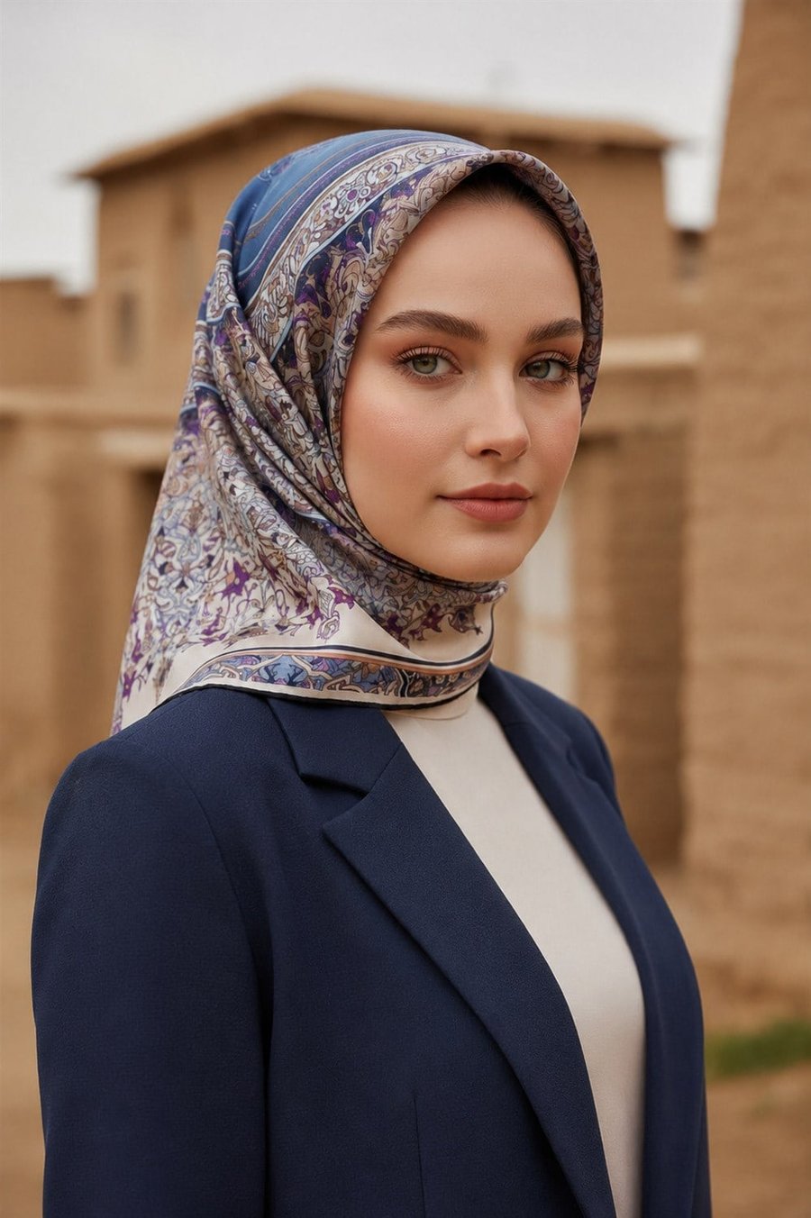 %100 Twill İpek Şal Desenli İndigo Renkli 90x90 Eşarp Dikim Şekli : El Dikişi