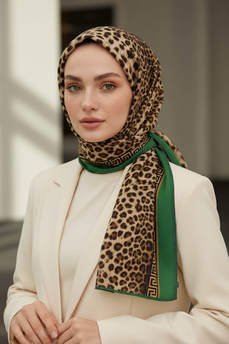 KREP BAROK BARDÜRLÜ LEOPAR DESENLİ HARDAL - ZÜMRÜT YEŞİLİ RENKLİ 75X195 KIRIŞMAZ ŞAL