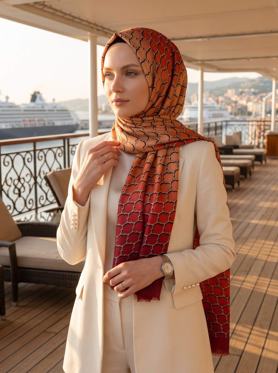 %100 Saf İpek Şal İnce Saten Vual Dokuma Petek Desenli Kırmızı - Turuncu Renkli 90x210 Şal
