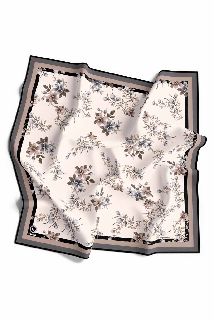 Rayon Çiçek Desenli Gri Renkli 90x90 Eşarp (İpek İçermez) Dikim Şekli : El Dikişi