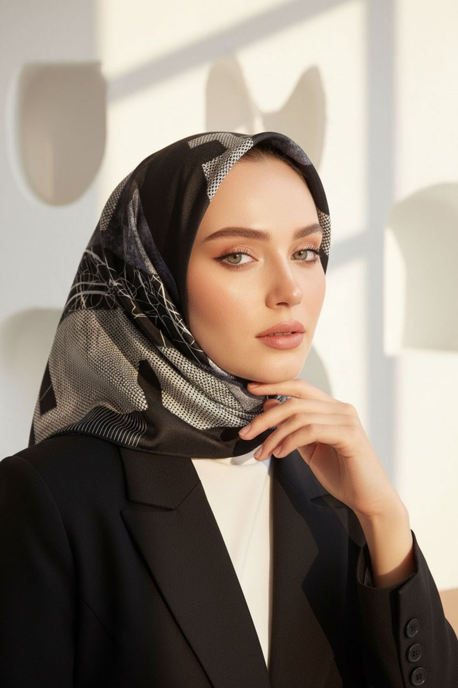 %100 Twill İpek Geometrik Desenli Siyah - Gri Renkli 90x90 Eşarp Dikim Şekli : El Dikişi