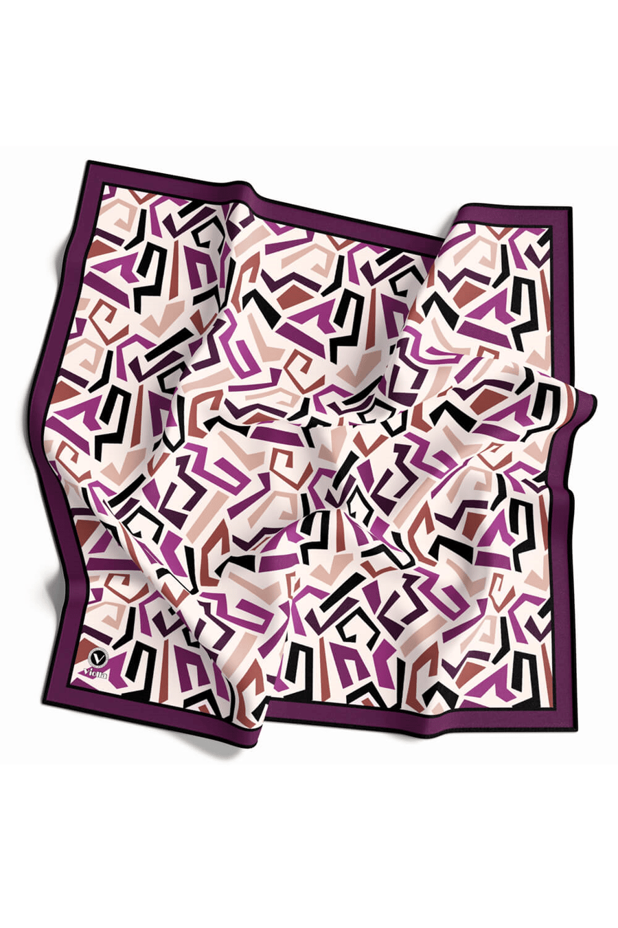 Twill Geometrik Desenli Mürdüm Renkli 90x90 Eşarp (İpek İçermez) Kenar Dikiş Şekli El Dikişli