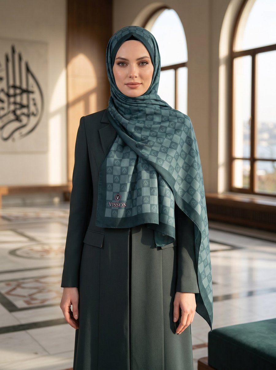 KREP MONOGRAM DESENLİ ZÜMRÜT YEŞİLİ RENKLİ 75X195 KIRIŞMAZ ŞAL