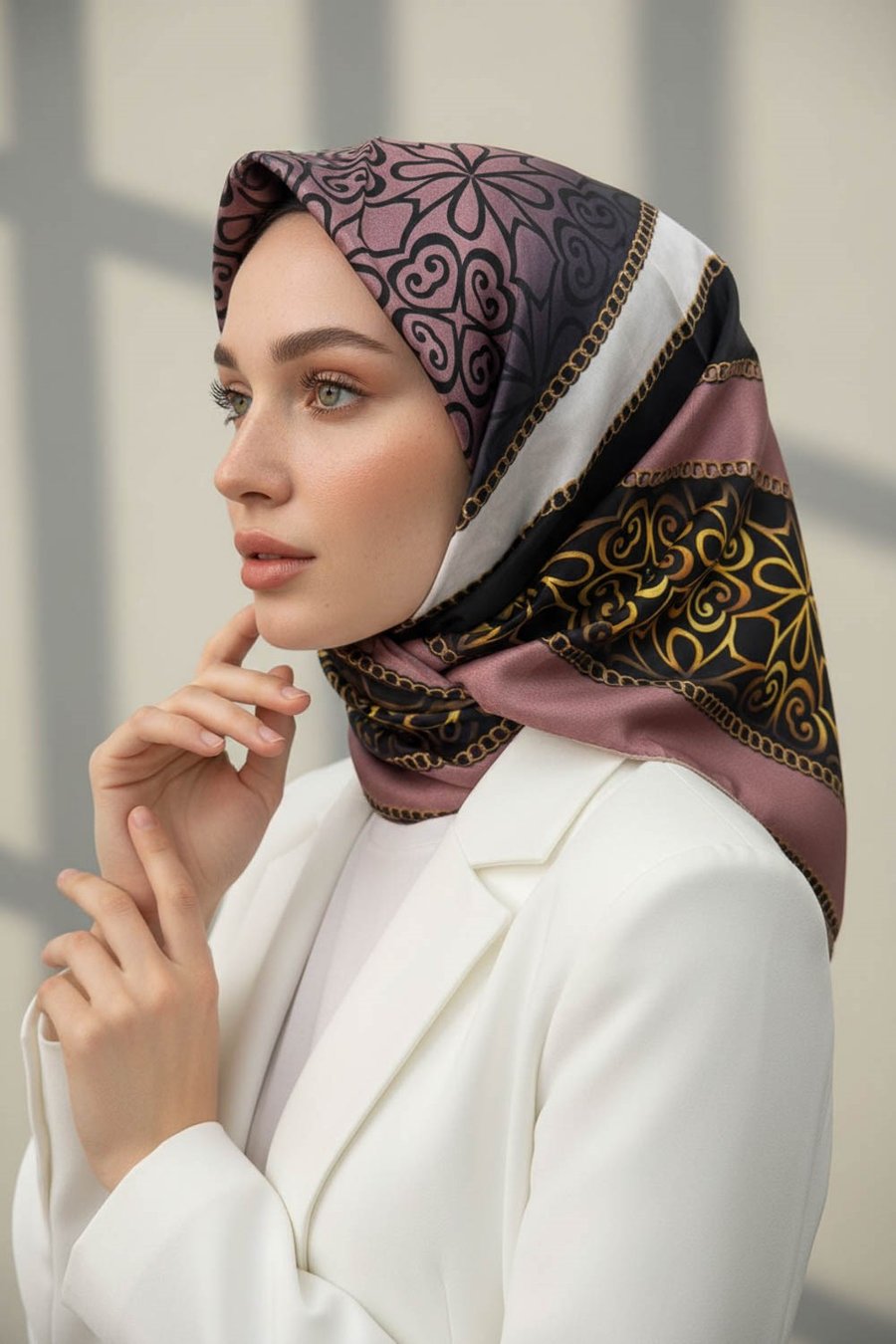 %100 Twill İpek Eşarp 90x90 Pudra Krem Zincir Desenli El Dikişli Kadın Eşarp