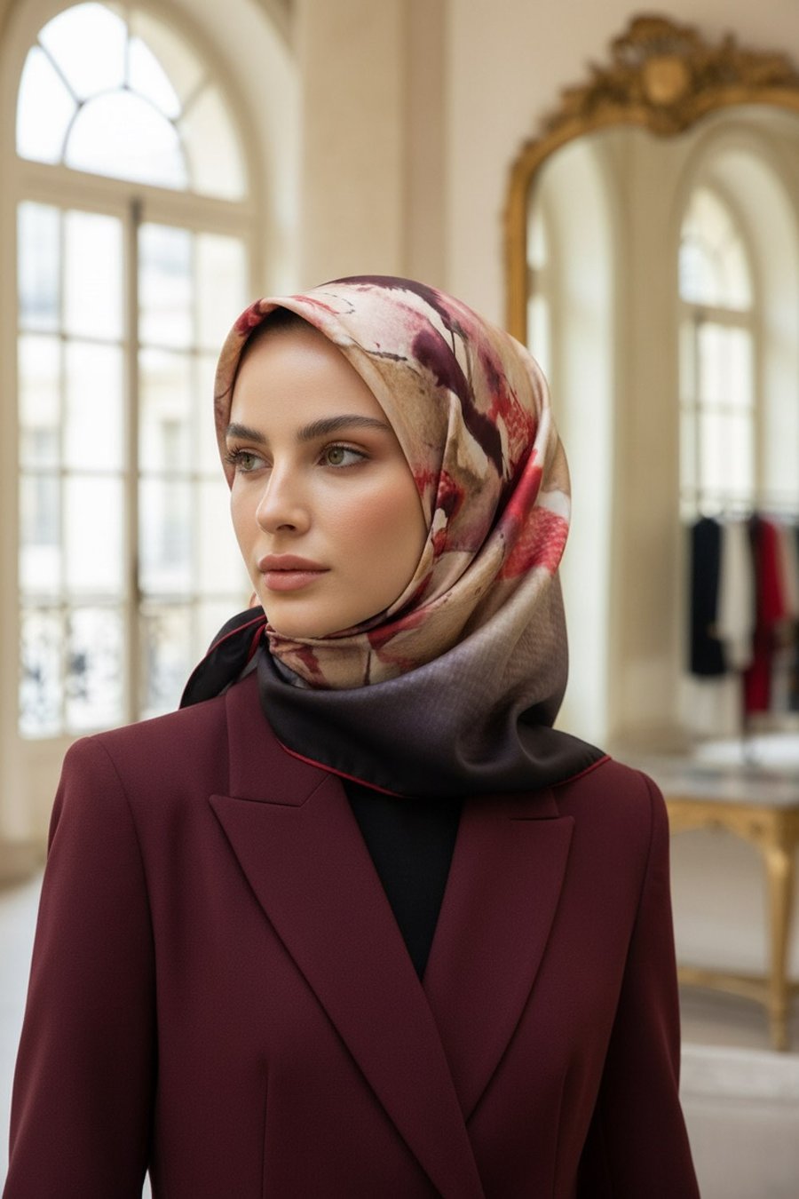 %100 Twill İpek Suluboya Çiçek Desenli Hardal - Bordo Renkli 90x90 Eşarp Dikim Şekli : El Dikişi
