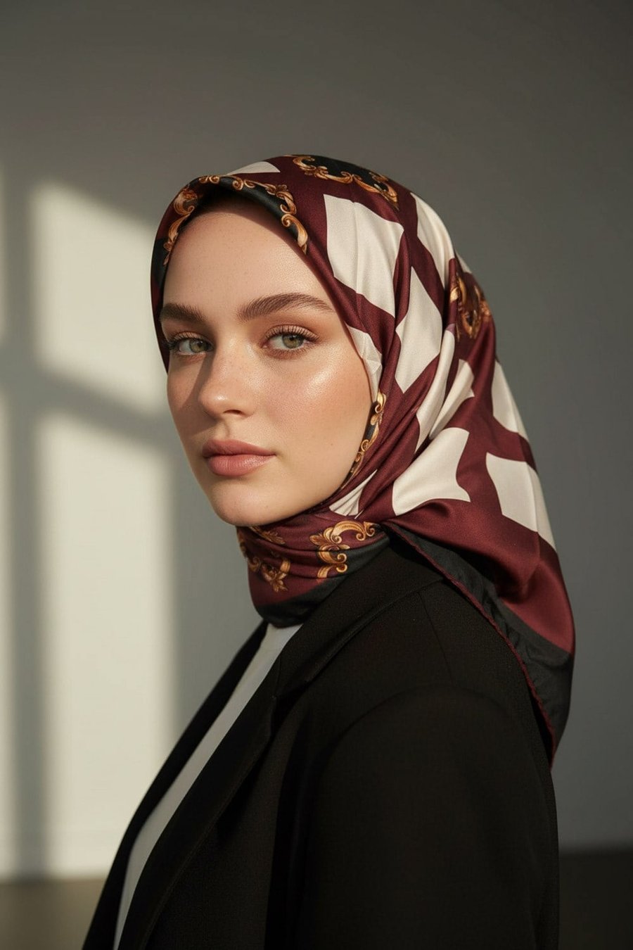 Twill Gold Detaylı Kare Desenli Siyah - Bordo Renkli 90x90 Eşarp (İpek İçermez) Kenar Dikiş Şekli El Dikişli