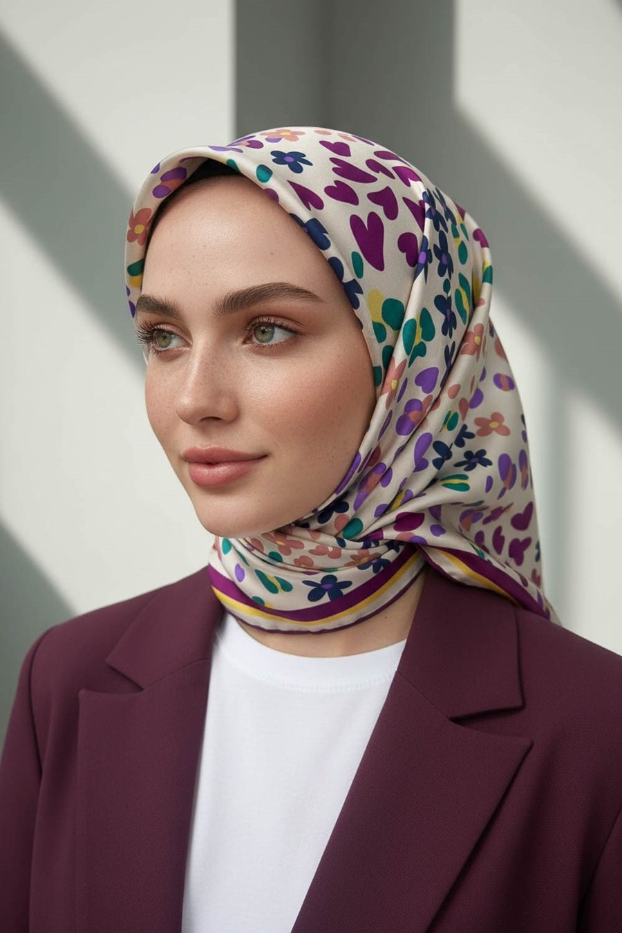 %100 Twill İpek Kalpli Leopar Desenli Krem - Mürdüm Renkli 90x90 Eşarp Dikim Şekli : El Dikişi