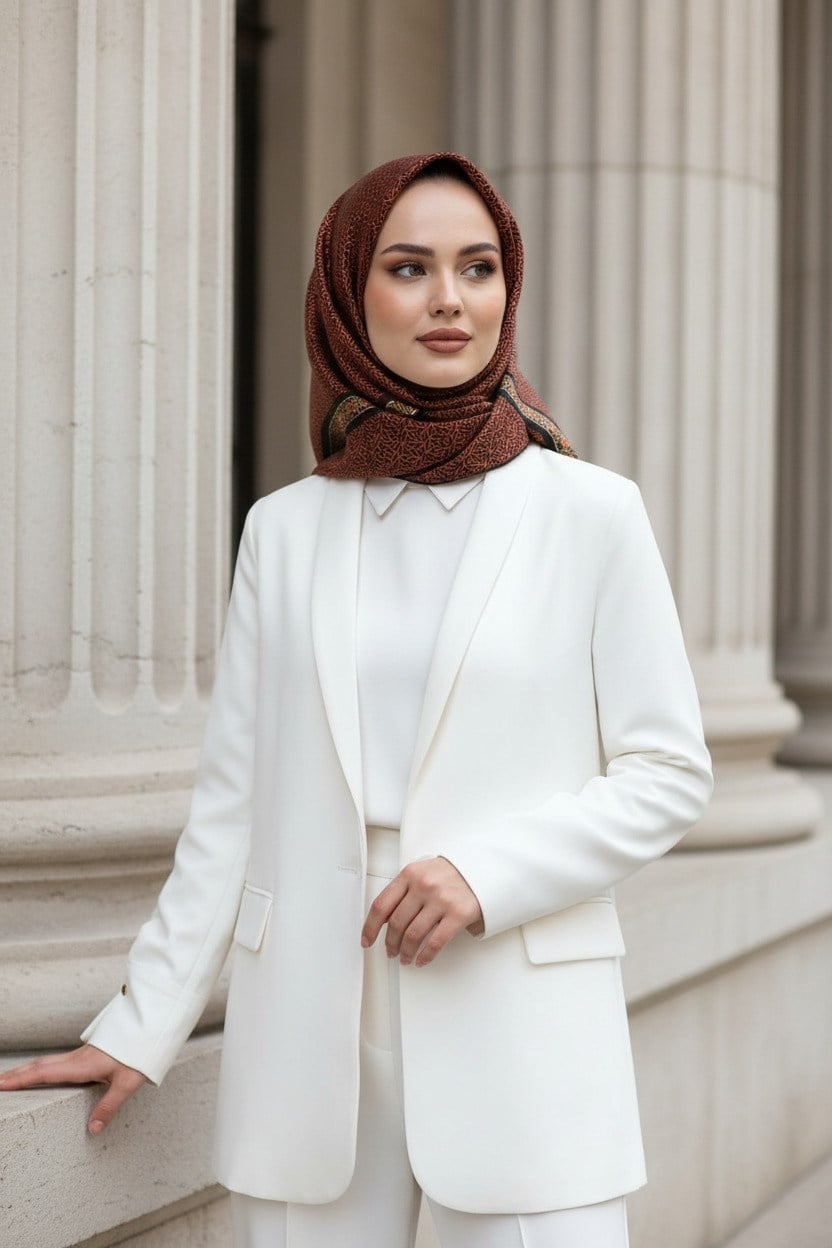 % 57 İPEK % 43 VİSKON Twill İpek Geometrik Desenli Taba - Siyah Renkli 90x90 Eşarp Dikim Şekli : El Dikişi