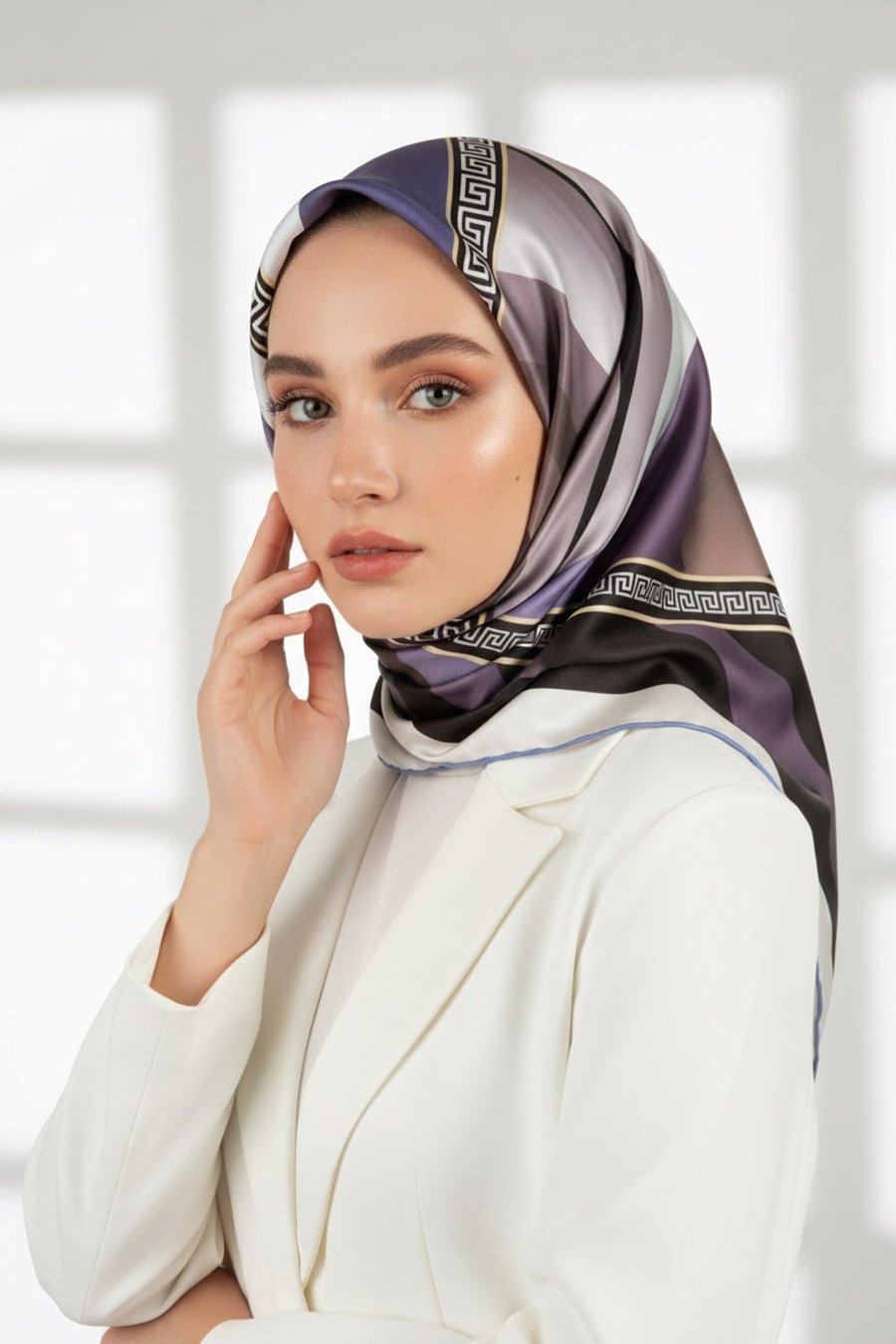 Kristal Geometrik Desenli Bej - İndigo Renkli 90x90 Dikim Şekli : El Dikişi Eşarp (İpek İçermez)