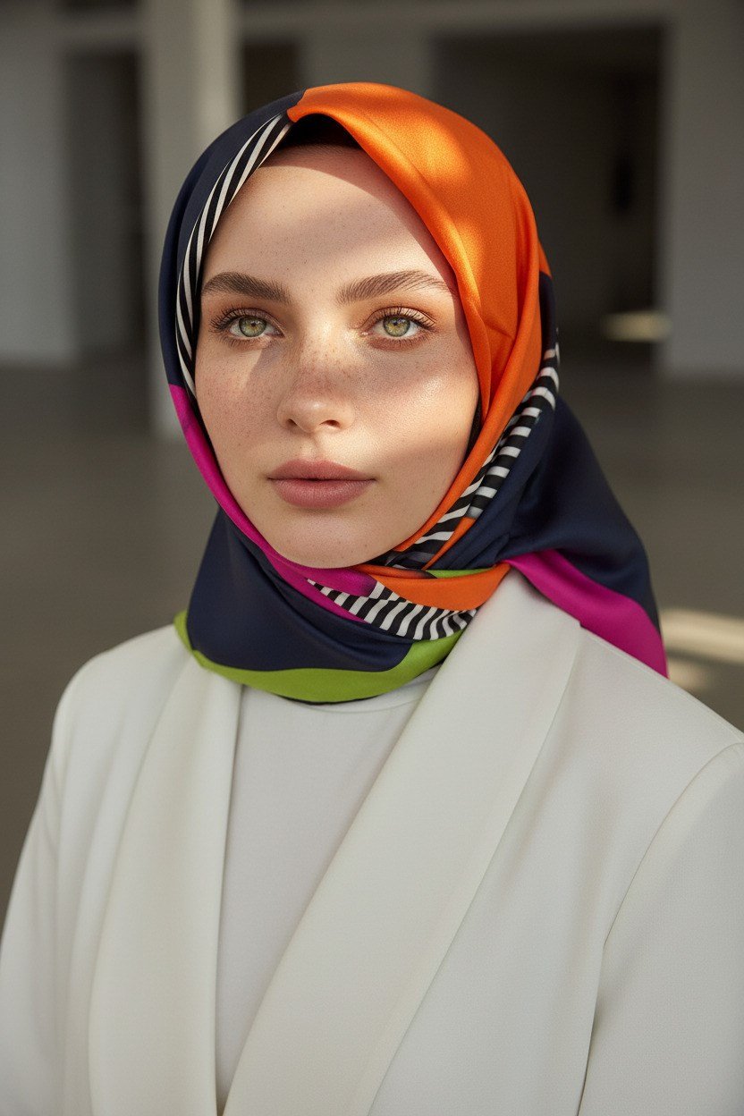 %100 Twill İpek Çizgili ve Geometrik Desenli Turuncu - Fıstık Yeşili Renkli 90x90 Eşarp Dikim Şekli : El Dikişi
