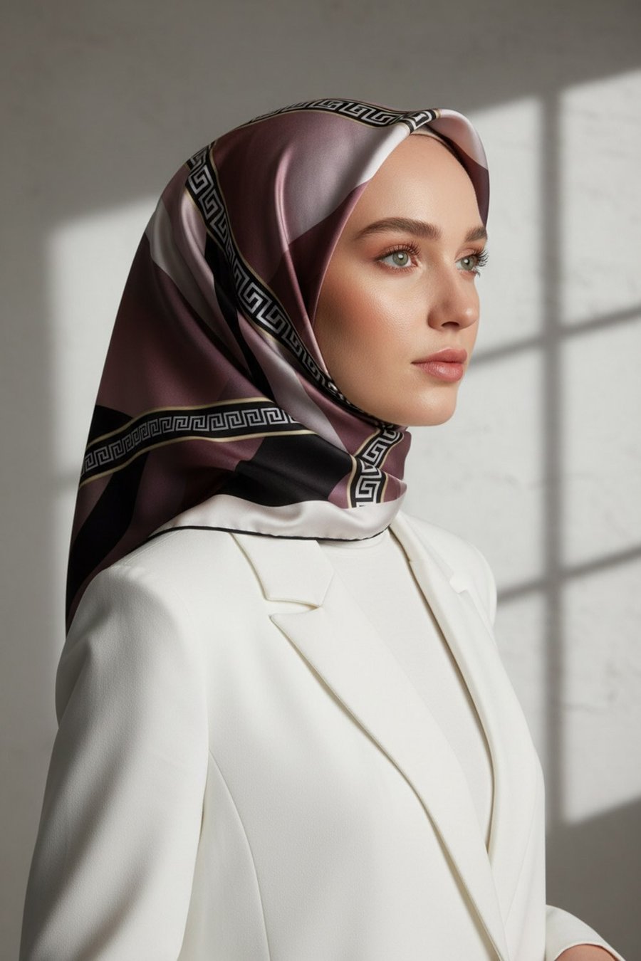 Kristal Geometrik Desenli Pudra Renkli 90x90 Dikim Şekli : El Dikişi Eşarp (İpek İçermez)