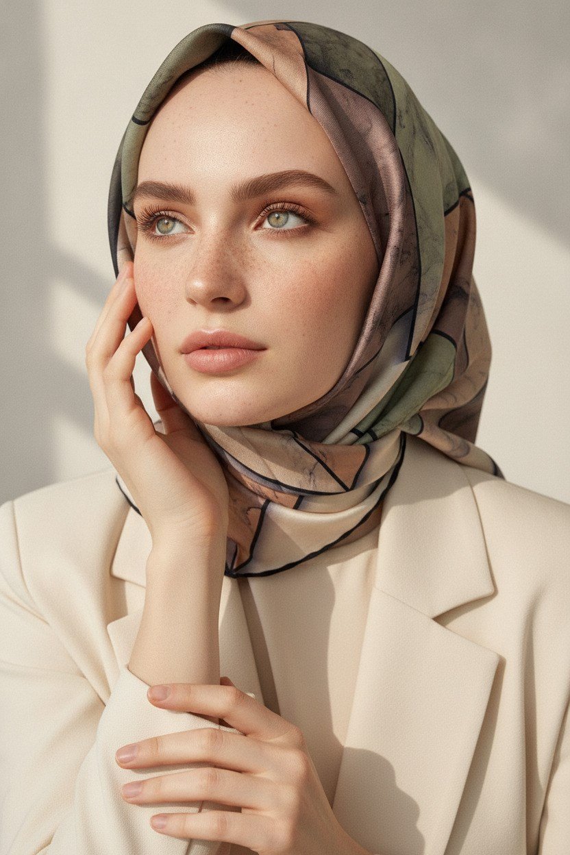 %100 Twill İpek Mermer Desenli Bakır - Haki Renkli 90x90 Eşarp Dikim Şekli : El Dikişi
