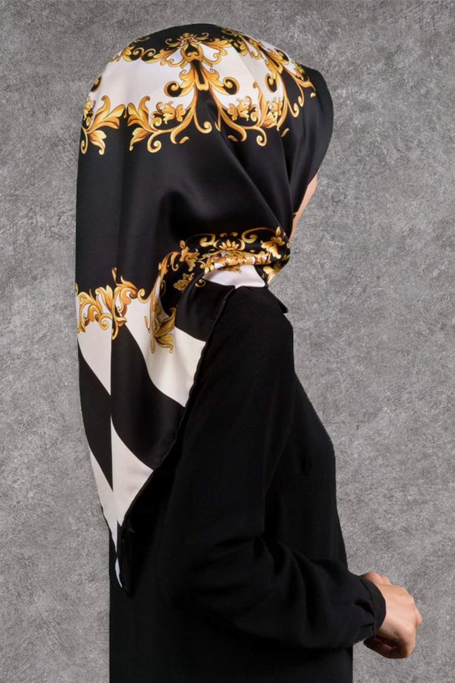 Twill Çizgili Barok Desenli Siyah - Krem Renkli 90x90 Eşarp (İpek İçermez)