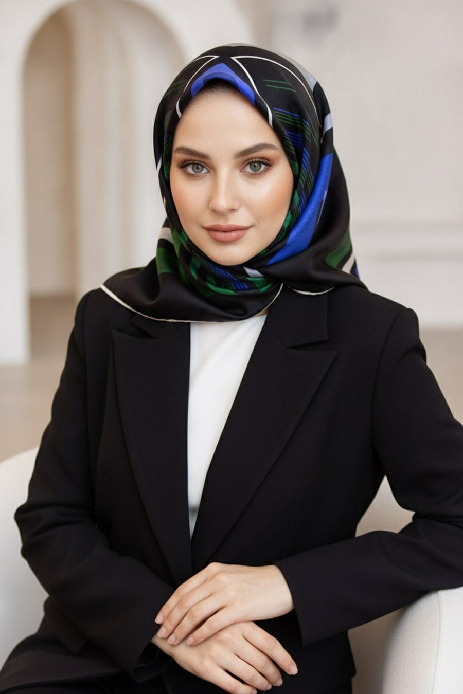 %100 Twill İpek Kare Desenli Zümrüt Yeşili - Saks Renkli 90x90 Eşarp Kenar Dikiş Şekli El Dikişli