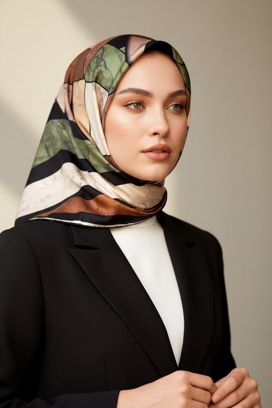 %100 Twill İpek Geometrik Mermer Desenli Haki - Bakır Renkli 90x90 Eşarp Dikim Şekli : El Dikişi