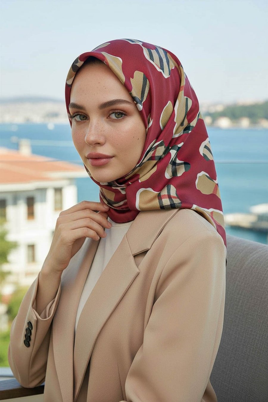 %100 Twill İpek Leopar Desenli Bordo - Bej Renkli 90x90 Eşarp Dikim Şekli : El Dikişi