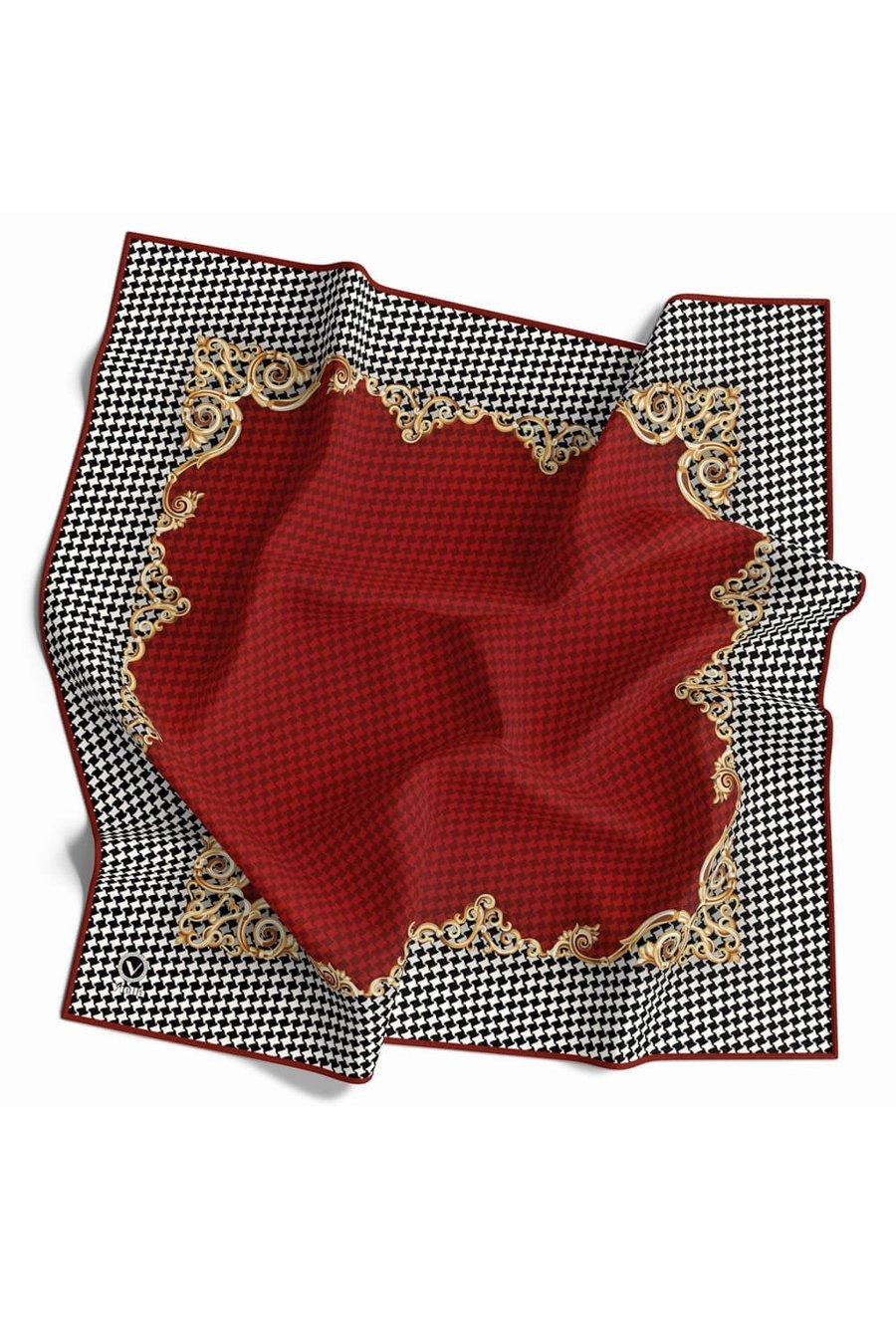 Soft Bordürlü Barok Çerçeveli Kazayağı Desenli Siyah - Bordo Renkli 90x90 Eşarp (İpek İçermez) Kenar Dikiş Şekli El Dikişli