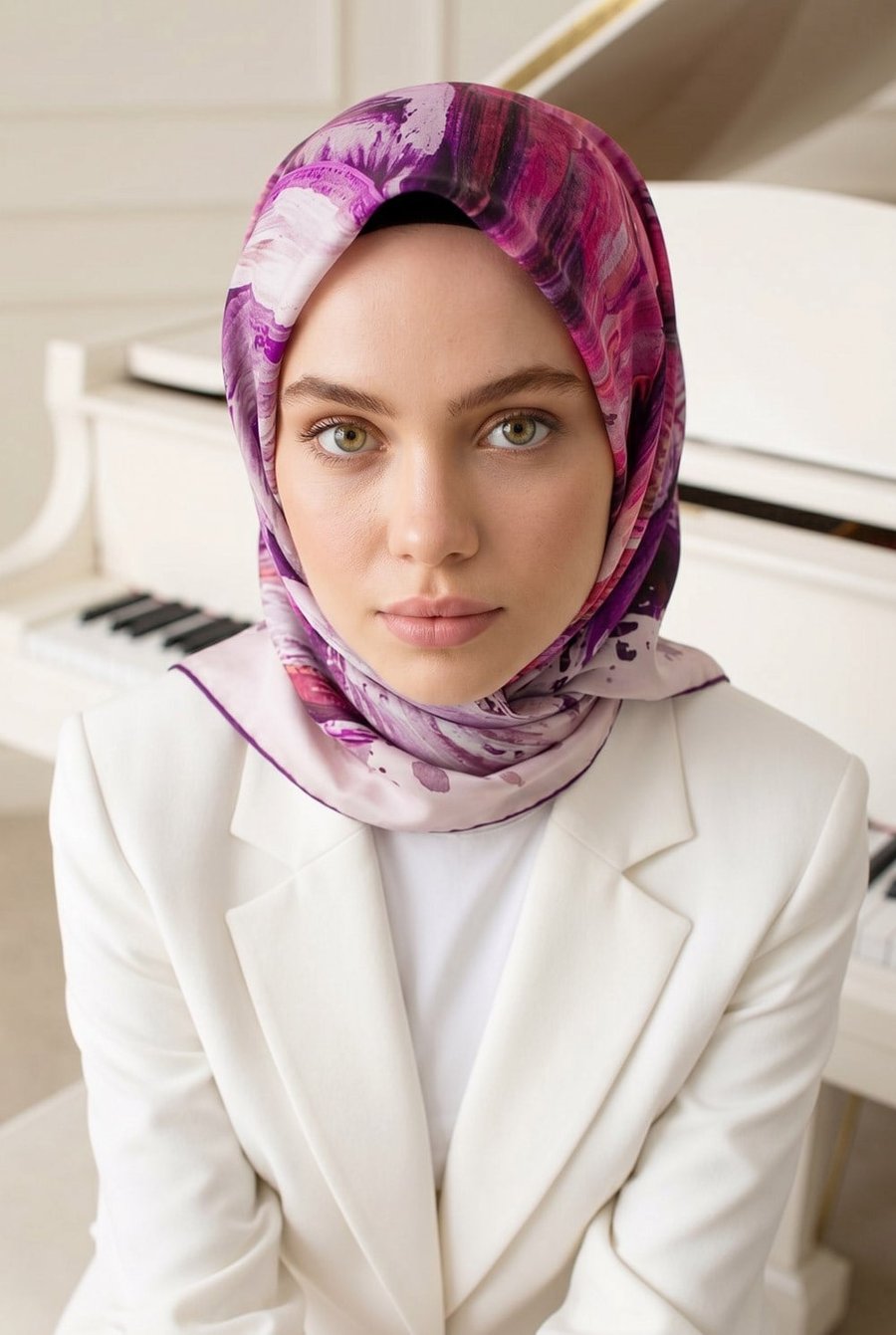 %100 Twill İpek Fırça Darbesi Desenli Mor - Pembe Renkli 90x90 Eşarp Dikim Şekli : El Dikişi