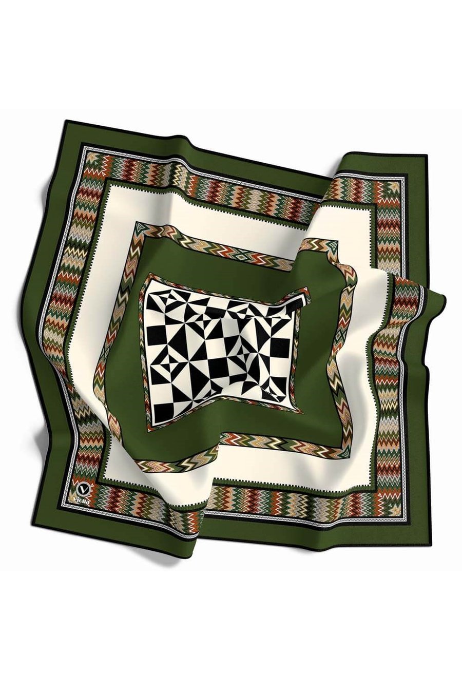 Kristal Geometrik Desenli Haki - Krem Renkli 90x90 Dikim Şekli : El Dikişi Eşarp (İpek İçermez)