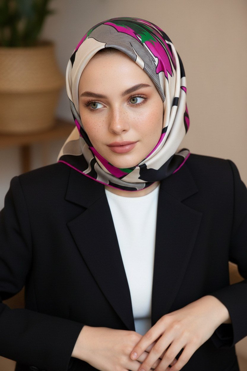 %100 Twill İpek Çiçek Desenli Krem - Fuşya Renkli 90x90 Eşarp Dikim Şekli : El Dikişi