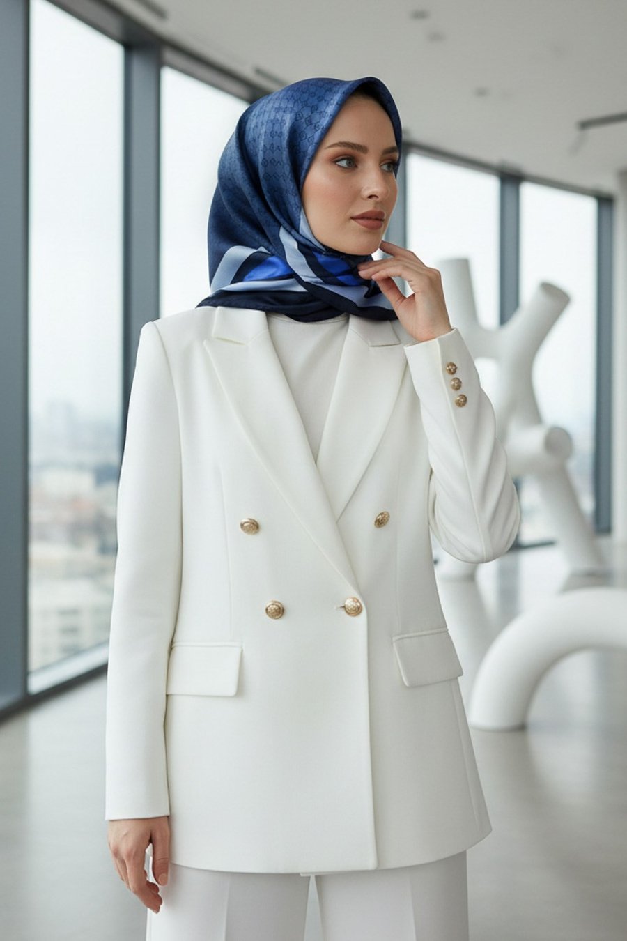 % 57 İPEK % 43 VİSKON Twill İpek Degrade Desenli Lacivert - İndigo Renkli 90x90 Eşarp Dikim Şekli : El Dikişi