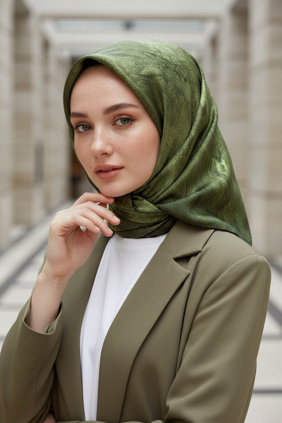 %100 Twill İpek Doku Desenli Haki Renkli 90x90 Eşarp Dikim Şekli : El Dikişi