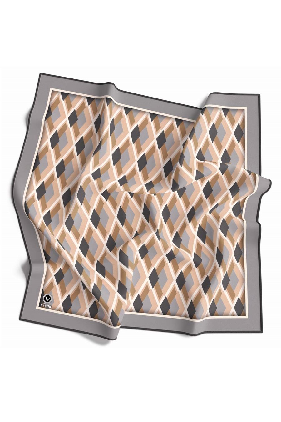 Kristal Geometrik Desenli Gri - Bej Renkli 90x90 Eşarp (İpek İçermez) Dikim Şekli : El Dikişi