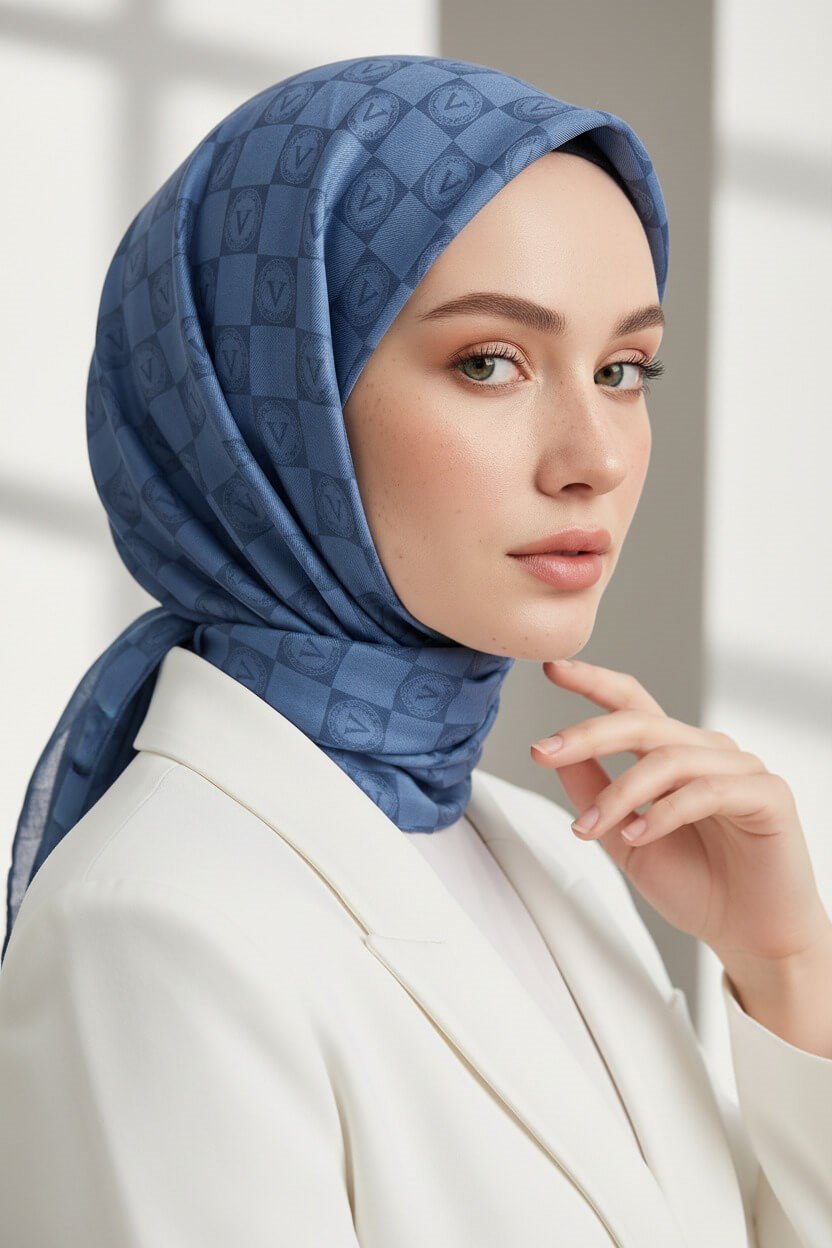 %100 Twill İpek Monogram Desenli İndigo Renkli 90x90 Eşarp Dikim Şekli : El Dikişi