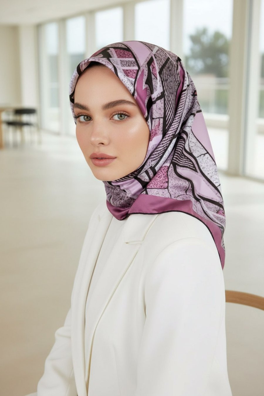 Kristal Geometrik Desenli Pembe Renkli 90x90 Eşarp (İpek İçermez) Kenar Dikiş Şekli El Dikişli