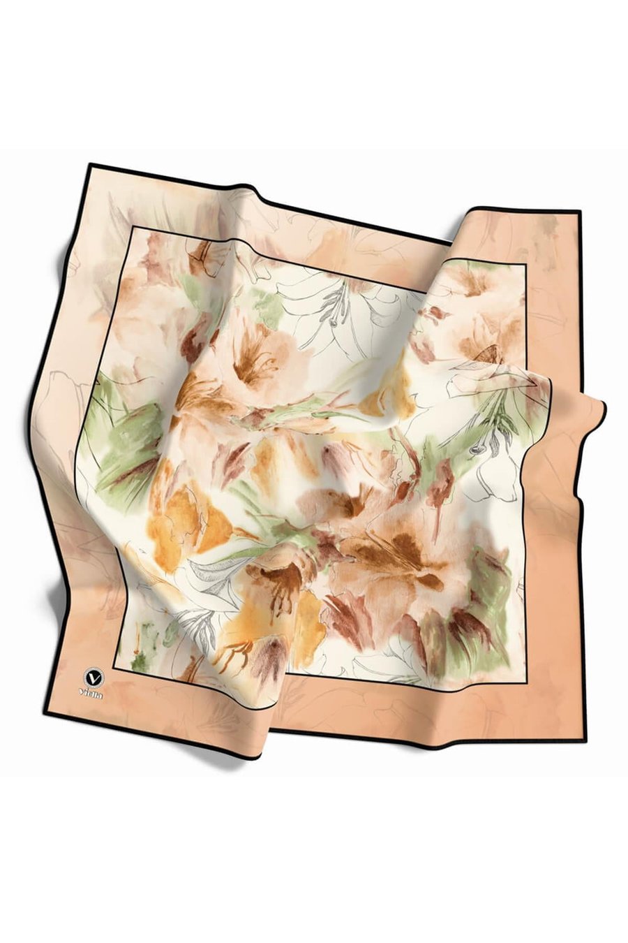Soft Twill Suluboya Çiçek Desenli Somon Renkli 90x90 Eşarp (İpek İçermez) Kenar Dikiş Şekli El Dikişli