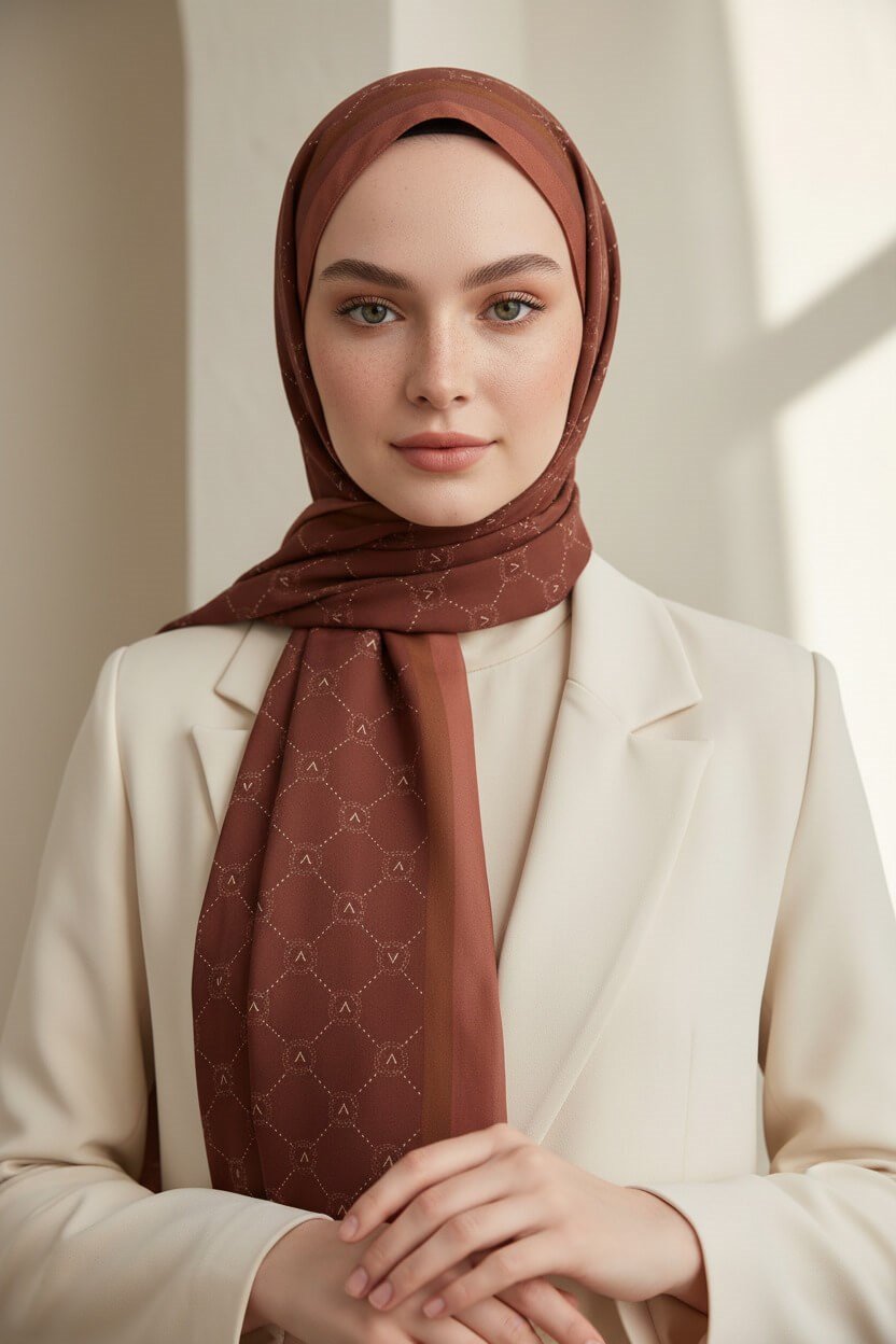 KREP MONOGRAM DESENLİ TABA RENKLİ 75X195 KIRIŞMAZ ŞAL