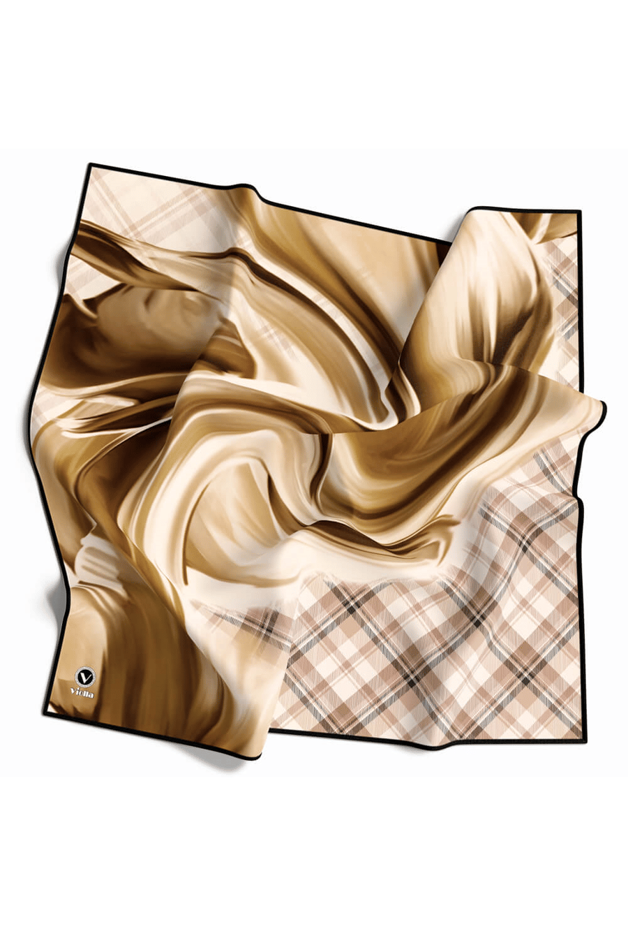 Twill Dalga ve Ekose Desenli Hardal Renkli 90x90 Eşarp (İpek İçermez)Kenar Dikiş Şekli El Dikişli