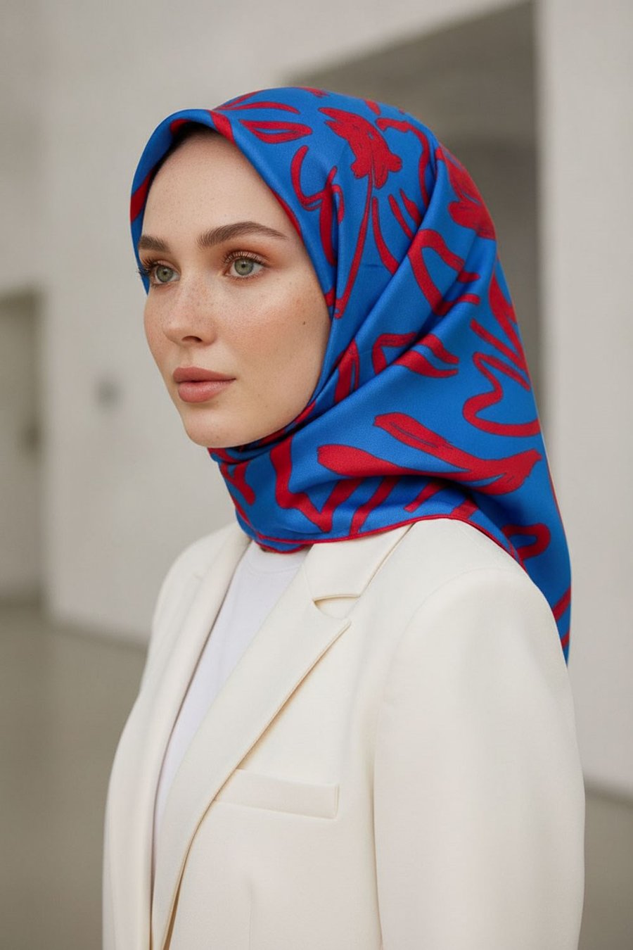 %100 Twill İpek Büyük Çiçek Desenli Saks - Kırmızı Renkli 90x90 Eşarp Dikim Şekli : El Dikişi