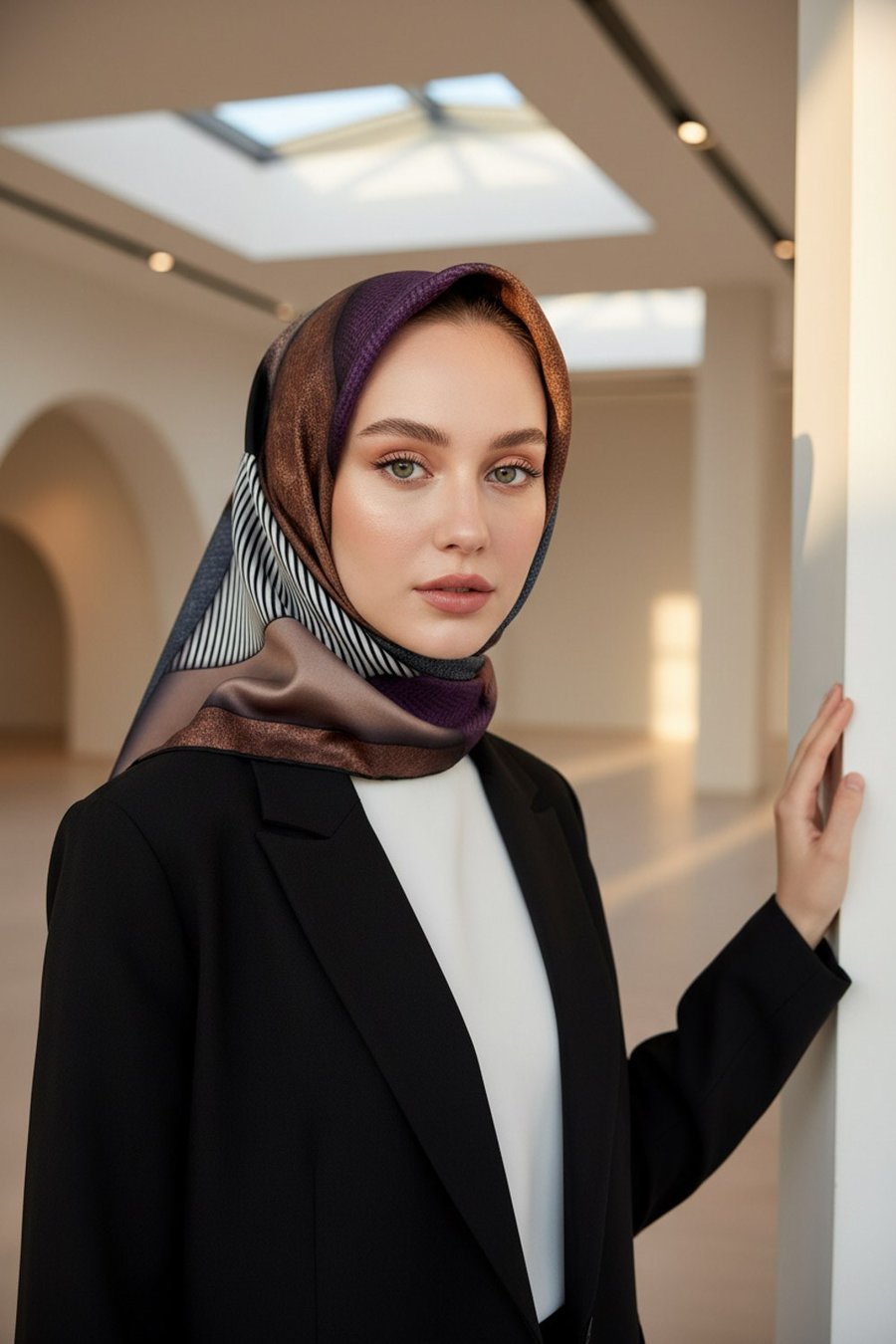 %100 Twill İpek Dokulu ve Geometrik Desenli Mürdüm - Vizon Renkli 90x90 Eşarp Dikim Şekli : El Dikişi