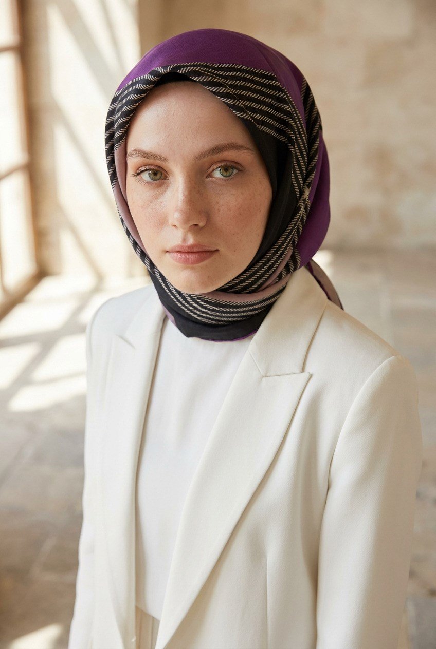 %100 Twill İpek Geometrik Desenli Mürdüm Renkli 90x90 Eşarp Dikim Şekli : El Dikişi