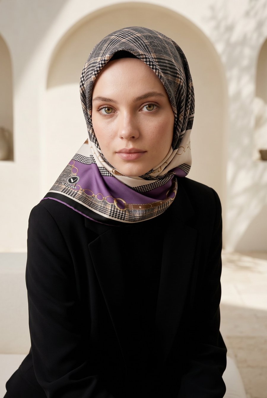 Twill Kemer ve Zincir Detaylı Ekose Desenli Lila Renkli 90x90 Eşarp (İpek İçermez) Kenar Dikiş Şekli El Dikişli