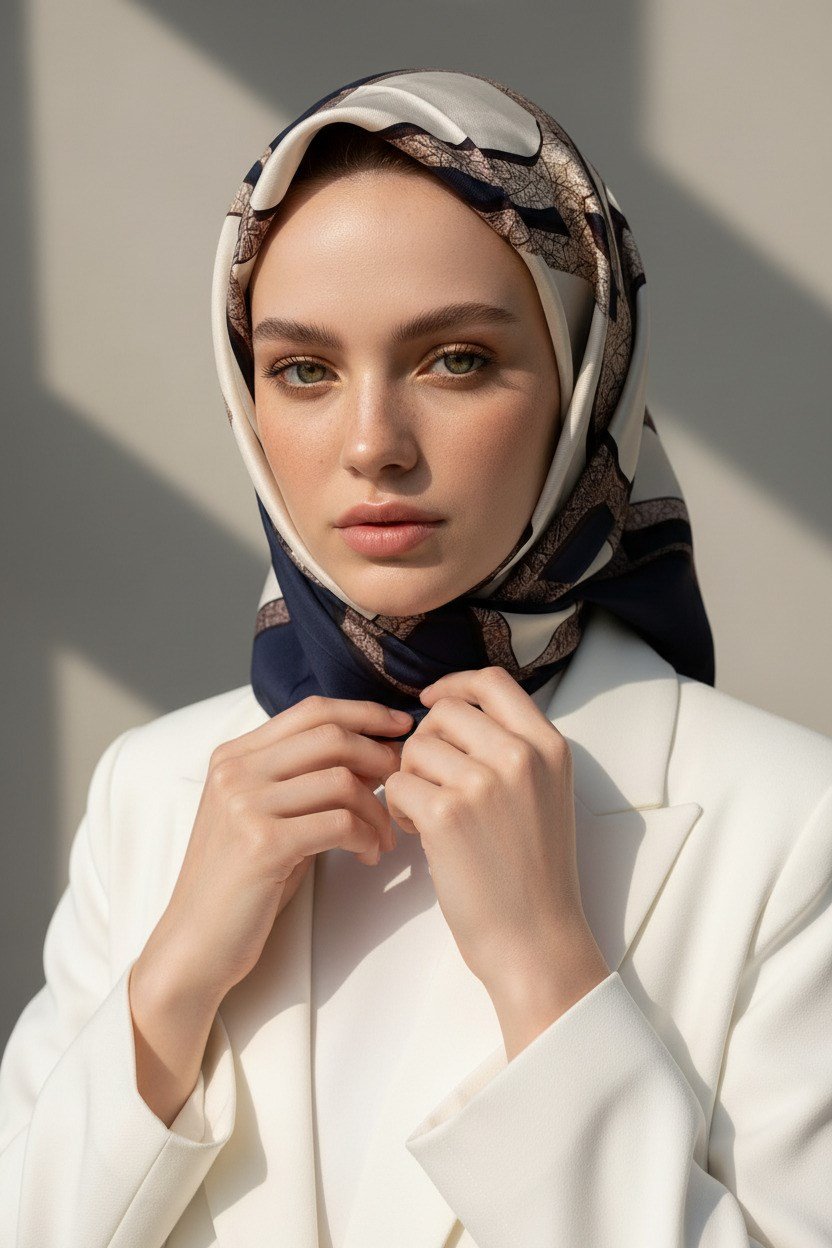 % 57 İPEK % 43 VİSKON Twill İpek Gold Efektli Geometrik Desenli Lacivert - Krem Renkli 90x90 Eşarp Dikim Şekli : El Dikişi