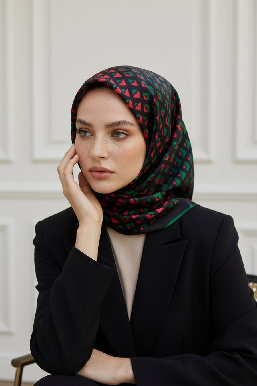 %100 Twill İpek Geometrik Desenli Kırmızı - Zümrüt Yeşili Renkli 90x90 Eşarp Dikim Şekli : El Dikişi