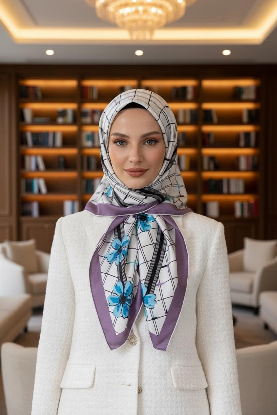 %100 Twill İpek Çıtır Çiçek Desenli Mor - Krem Renkli 90x90 Eşarp Dikim Şekli : El Dikişi