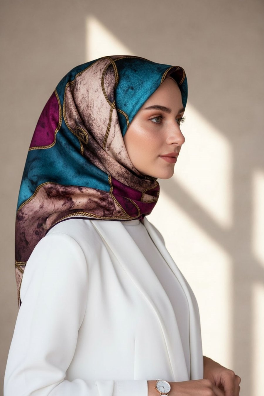 % 57 İPEK % 43 VİSKON Twill İpek Zincirli Mermer Desenli Mürdüm - Petrol Mavisi Renkli 90x90 Eşarp Dikim Şekli : El Dikişi