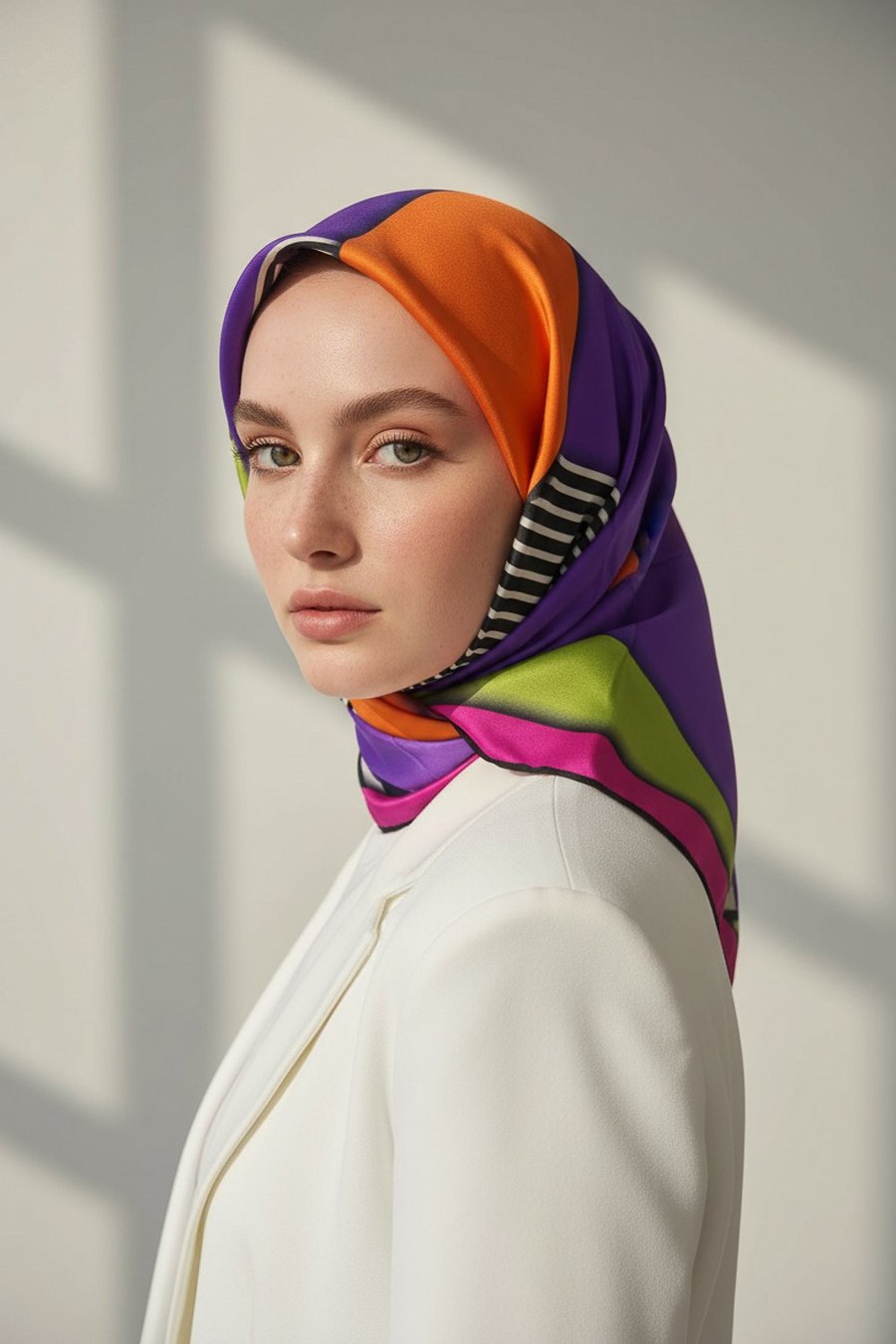 %100 Twill İpek Çizgili ve Geometrik Desenli Fuşya - Turuncu Renkli 90x90 Eşarp Dikim Şekli : El Dikişi