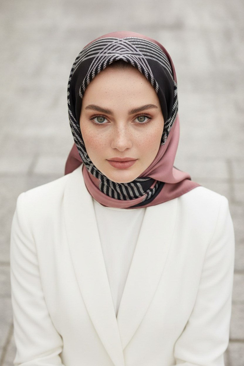 %100 Twill İpek Geometrik Desenli Pudra Renkli 90x90 Eşarp Dikim Şekli : El Dikişi