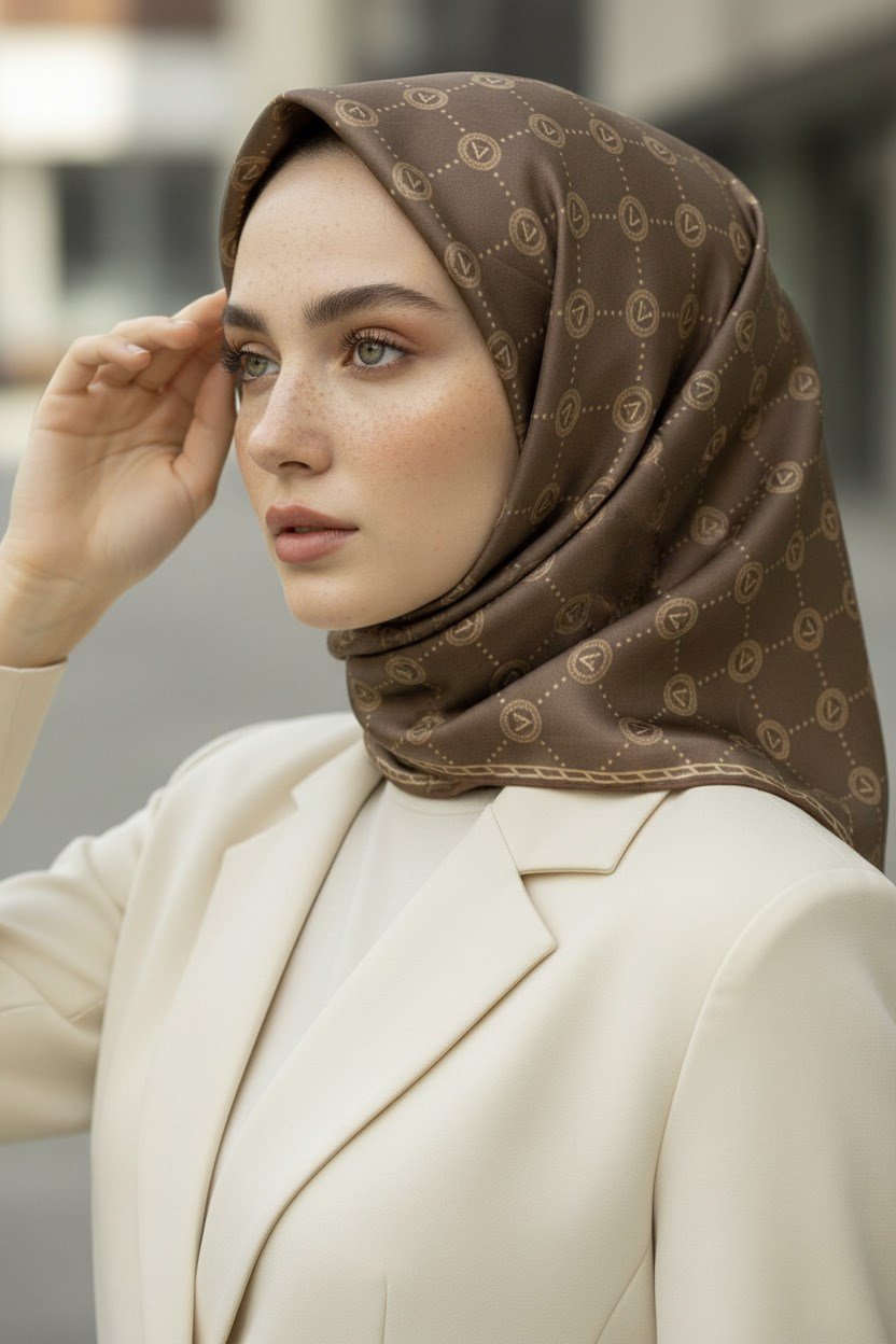 %100 Twill İpek Eşarp 90x90 Sütlü Kahve Monogram Desenli El Dikişli Kadın Eşarp