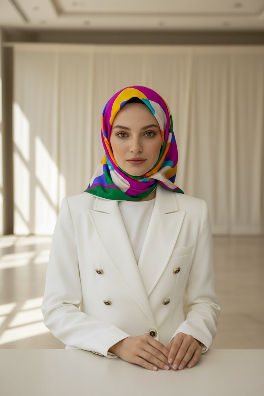 %100 Twill Renk Bloklu Çizgili Desenli Mor - Turuncu Renkli 90x90 Eşarp Dikim Şekli: El Dikişii