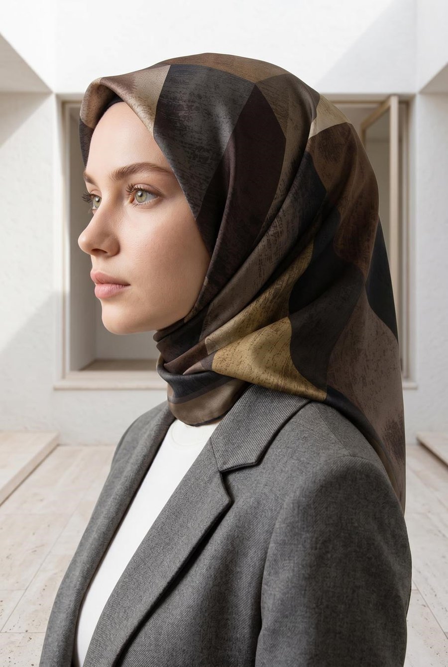 %100 Twill İpek Geometrik Desenli Bej - Gri Renkli 90x90 Eşarp Dikim Şekli : El Dikişi